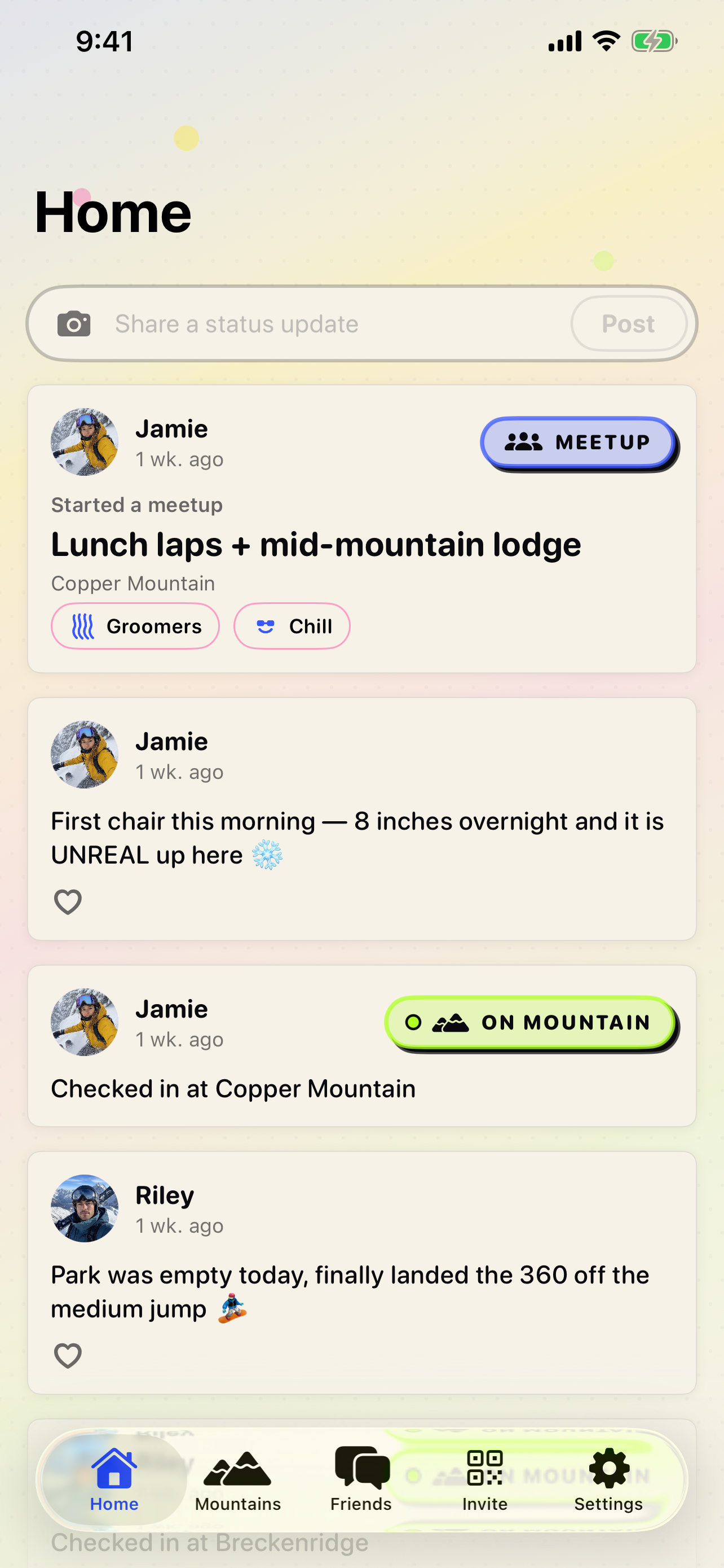 Squads iOS app home screen showing a status field and a feed of recent ski event activity, posts and mountain check-ins.